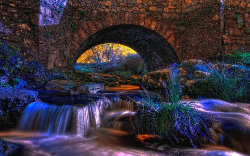 Stone Bridge over Stream — Blue, Dramatic, Sunset