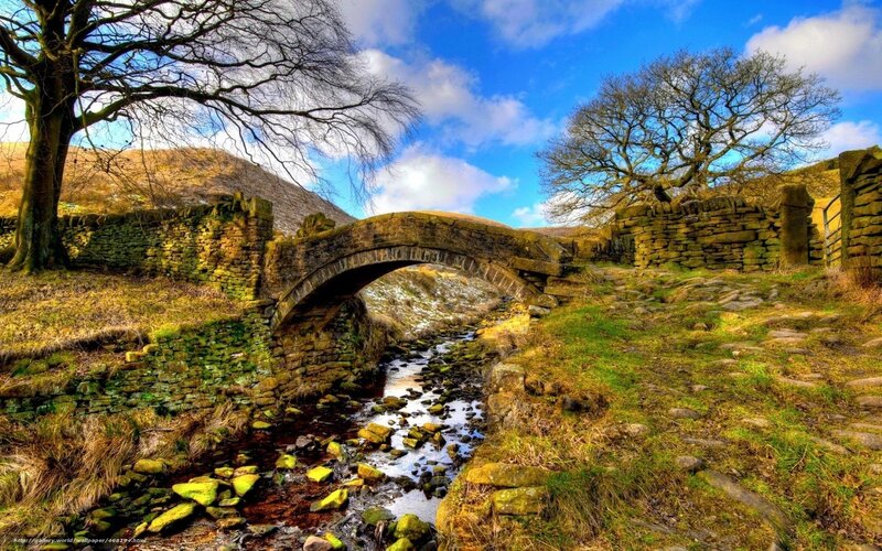 Stone Bridge over Stream — Blue, Serene, Autumn, Photograph