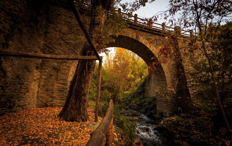 Stone Bridge over Stream — Brown, Serene, Autumn, Photograph