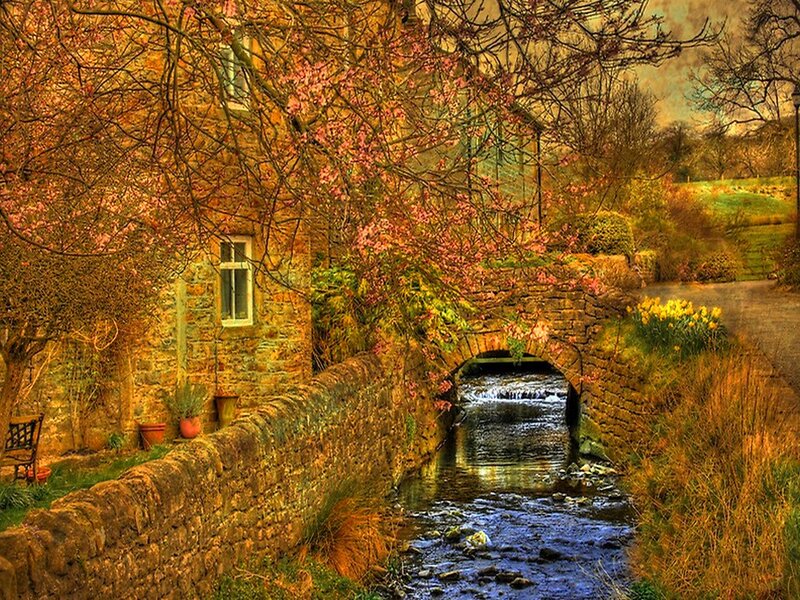 Stone Bridge over Stream — Brown, Serene