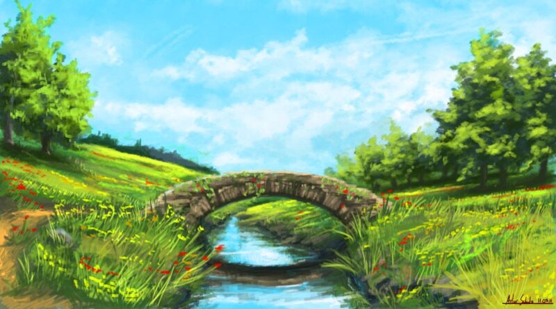Stone Bridge over Stream — Green, Serene, Afternoon, Digital Art