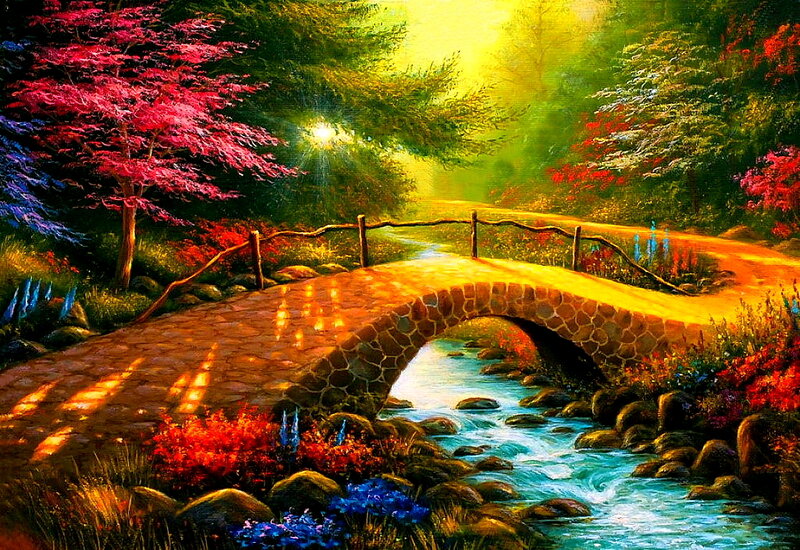 Stone Bridge over Stream — Green, Serene, Afternoon, Painting