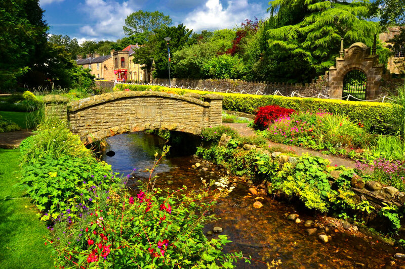 Stone Bridge over Stream — Green, Serene, Afternoon, Photograph, Flowers
