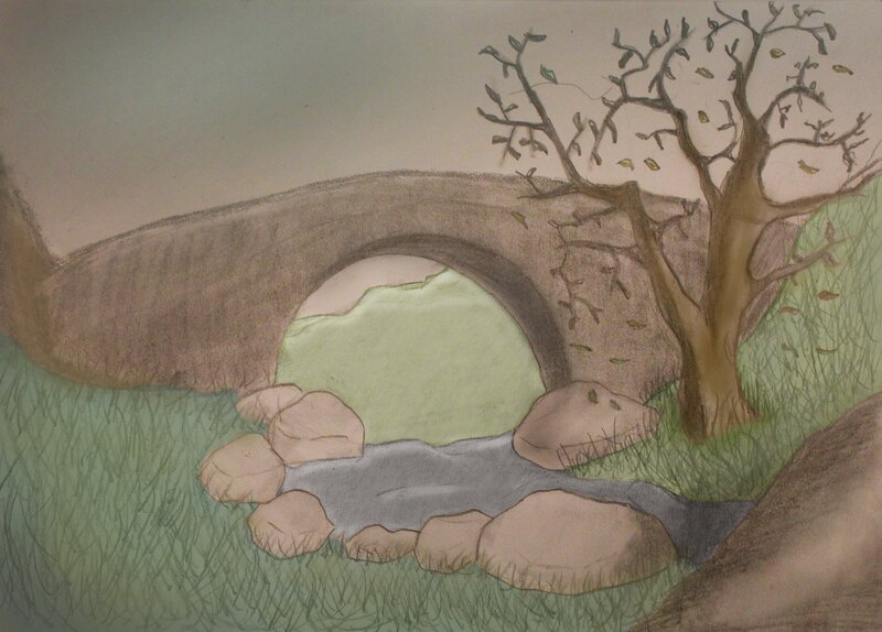 Stone Bridge over Stream — Green, Serene, Autumn, Illustration