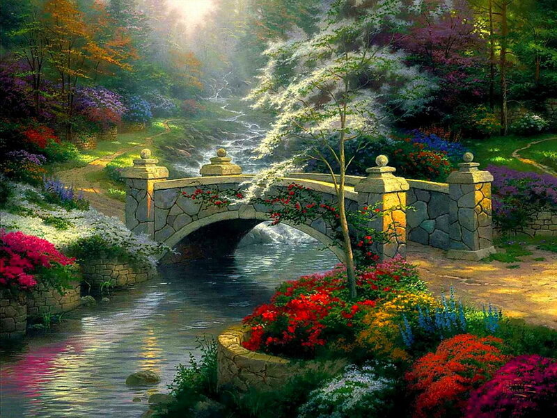 Stone Bridge over Stream — Green, Serene, Morning, Painting, Flowers