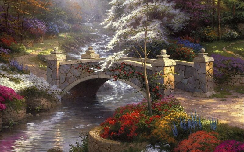 Stone Bridge over Stream — Green, Serene, Morning, Painting, Flowers, Trees, River