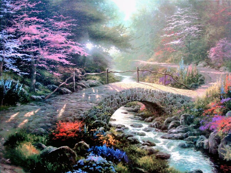 Stone Bridge over Stream — Green, Serene, Morning