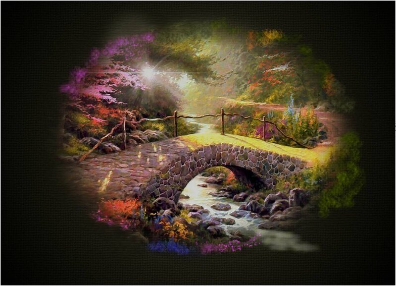 Stone Bridge over Stream — Green, Serene, Night