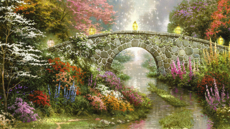 Stone Bridge over Stream — Green, Serene, Spring, Painting, Flowers, Lanterns