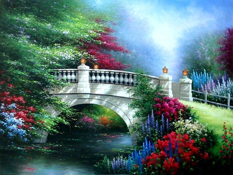 Stone Bridge over Stream — Green, Serene, Spring, Painting, Flowers