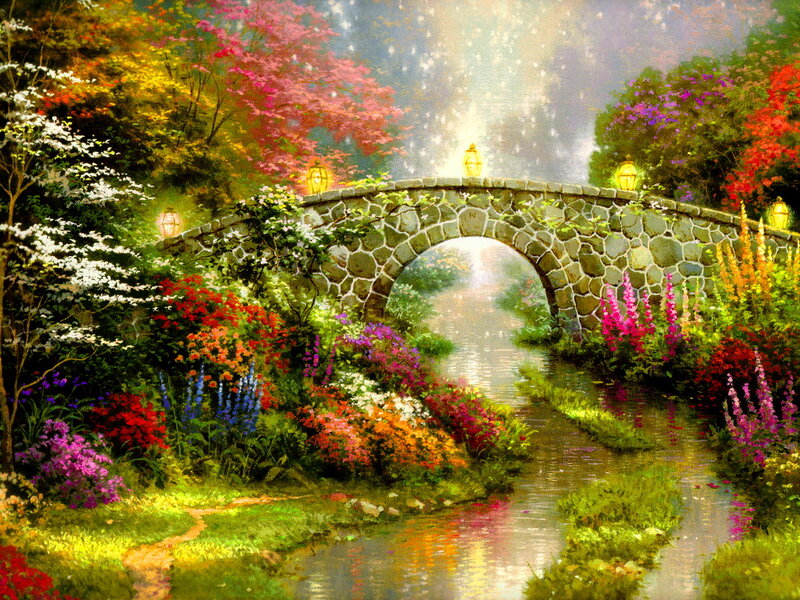 Stone Bridge over Stream — Green, Serene, Spring, Painting, Flowers, Trees, Lanterns