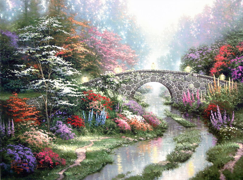 Stone Bridge over Stream — Green, Serene, Spring, Painting, Flowers, Trees, Path