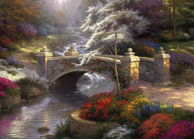 Stone Bridge over Stream — Green, Serene, Spring, Painting, Flowers, Trees, River