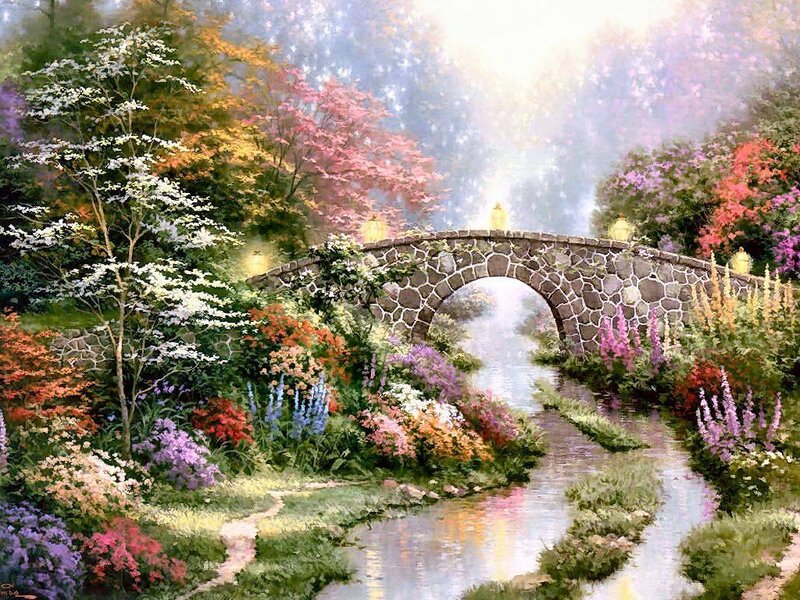 Stone Bridge over Stream — Green, Serene, Spring, Painting, Flowers, Trees