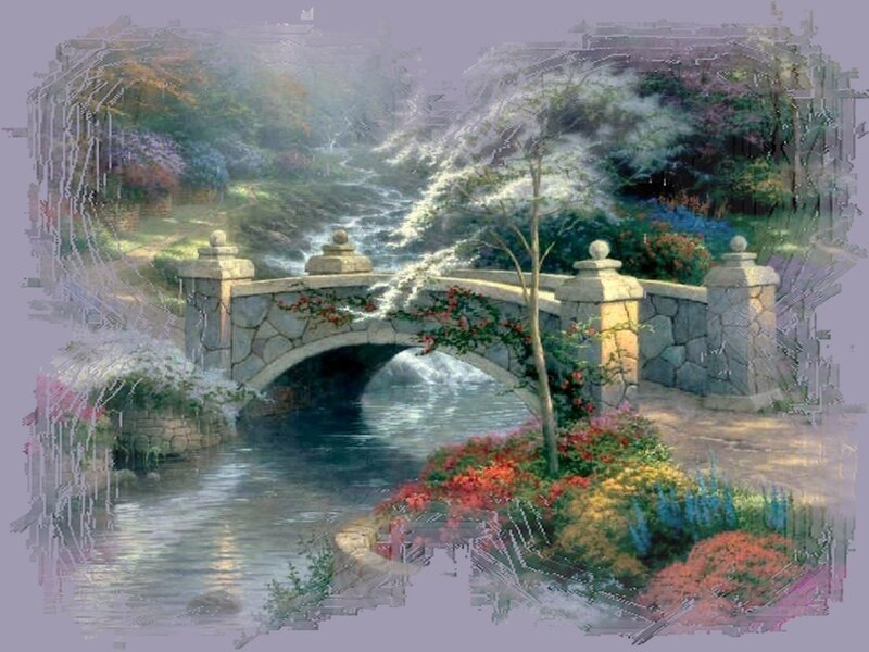 Stone Bridge over Stream — Green, Serene, Spring, Painting