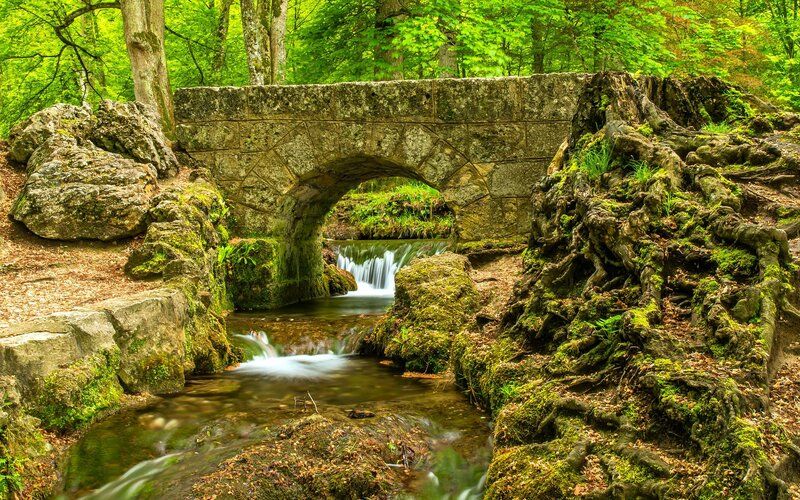 Stone Bridge over Stream — Green, Serene, Spring, Photograph