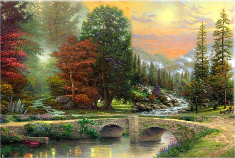 Stone Bridge over Stream — Green, Serene, Sunset