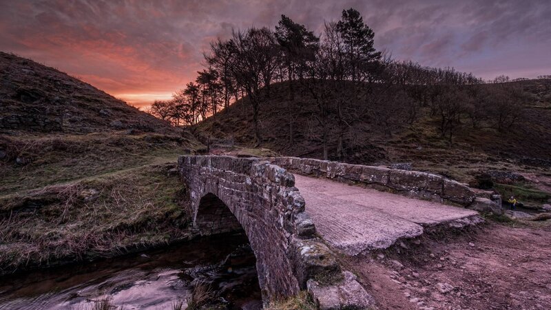 Stone Bridge over Stream — Purple, Dramatic, Sunset, Photograph, Hills