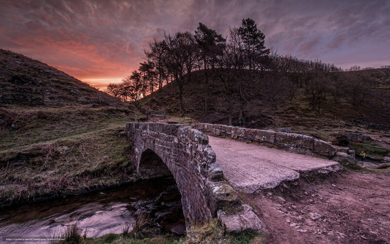 Stone Bridge over Stream — Purple, Dramatic, Sunset, Photograph, Hills, Trees, Sky