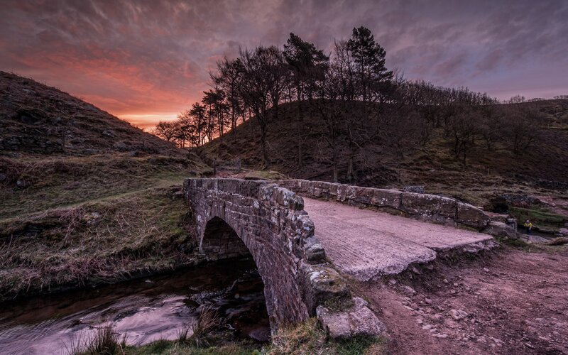 Stone Bridge over Stream — Purple, Dramatic, Sunset, Photograph, Hills, Trees