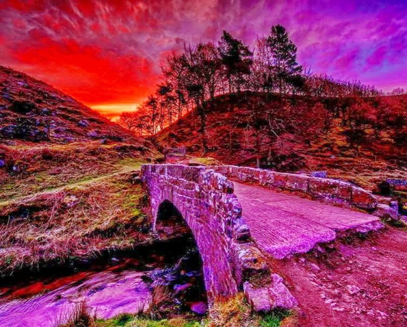 Stone Bridge over Stream — Red, Dramatic