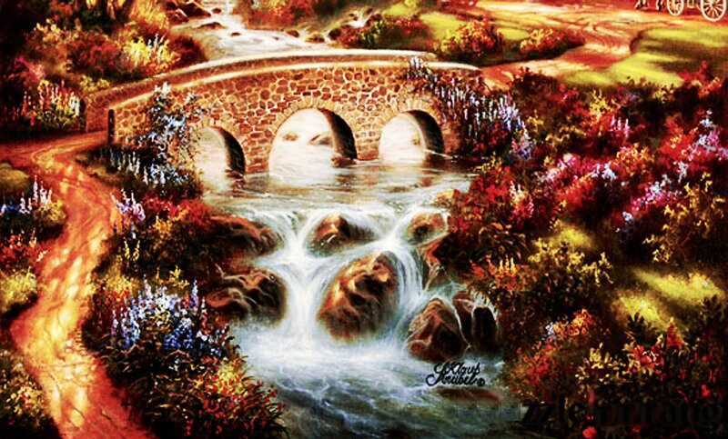 Stone Bridge over Stream — Red, Serene, Afternoon