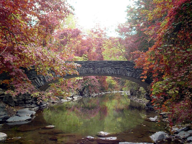 Stone Bridge over Stream — Red, Serene