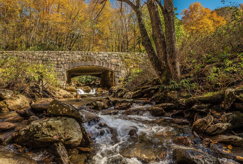 Stone Bridge over Stream — Yellow, Serene