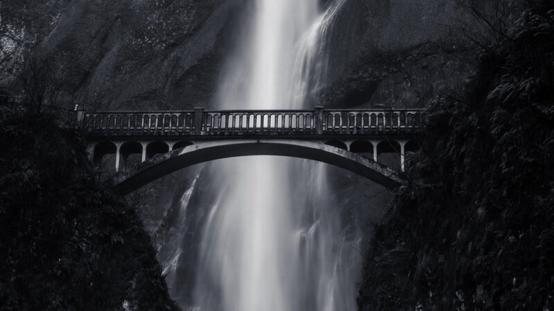 Stone Bridge over Waterfall — Black