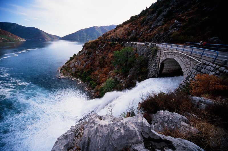 Stone Bridge over Waterfall — Blue