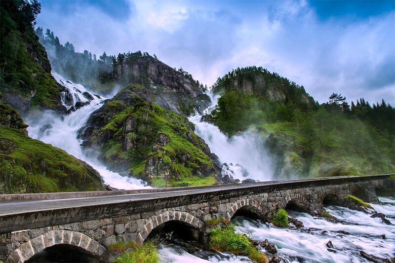 Stone Bridge over Waterfall — Green, Dramatic