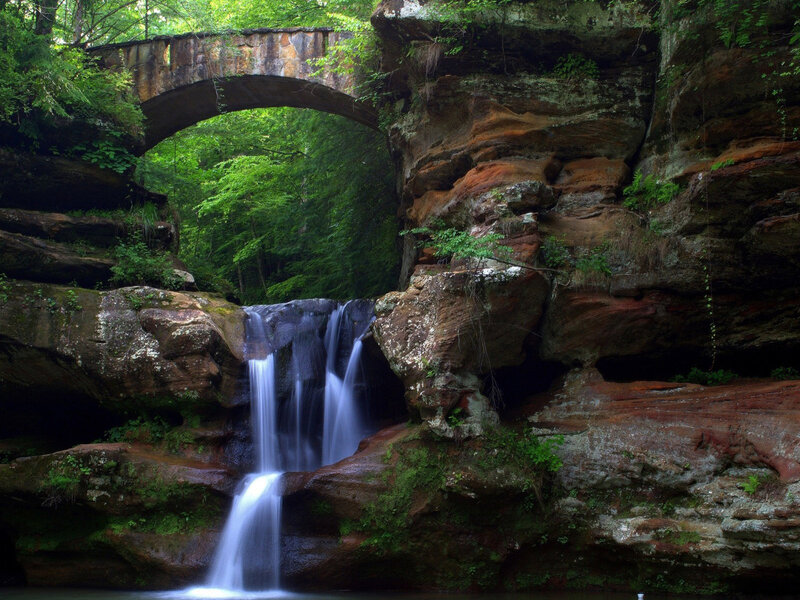 Stone Bridge over Waterfall — Green, Serene, Afternoon