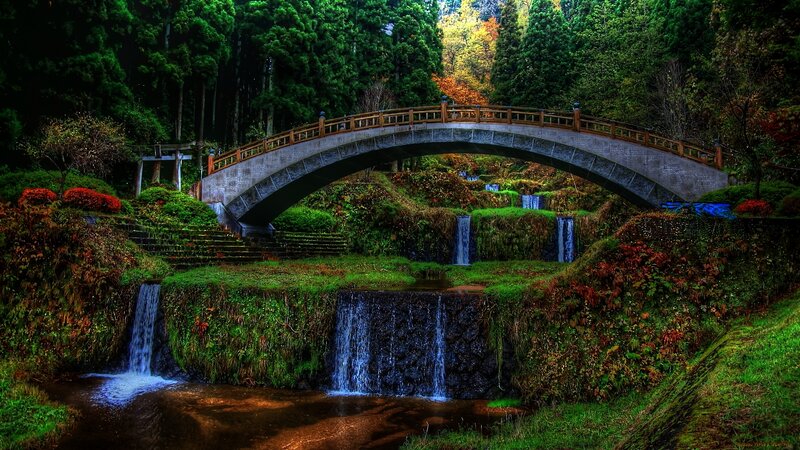 Stone Bridge over Waterfall — Green, Serene, Autumn