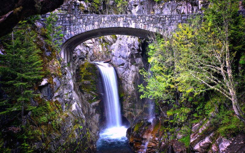 Stone Bridge over Waterfall — Green, Serene, Photograph, Forest