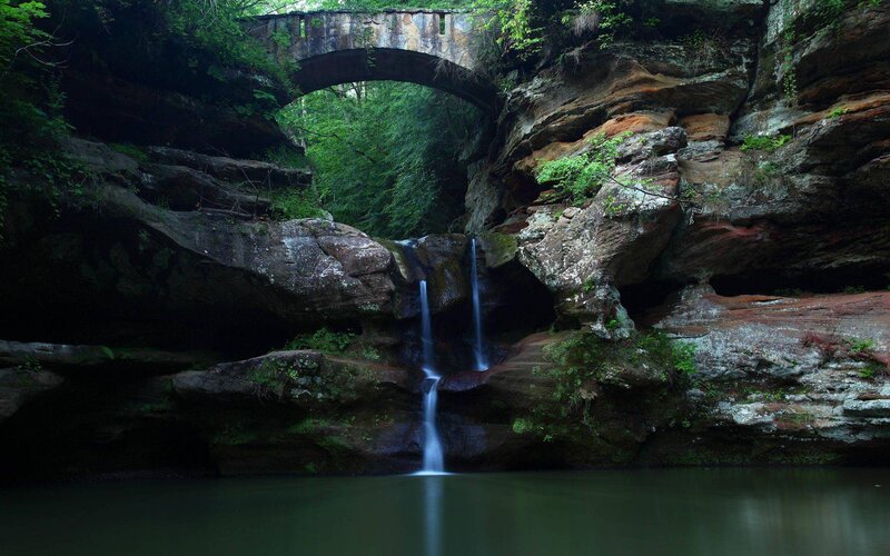 Stone Bridge over Waterfall — Green, Serene, Photograph