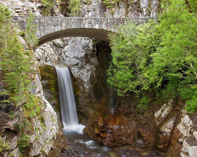 Stone Bridge over Waterfall — Green, Serene, Spring
