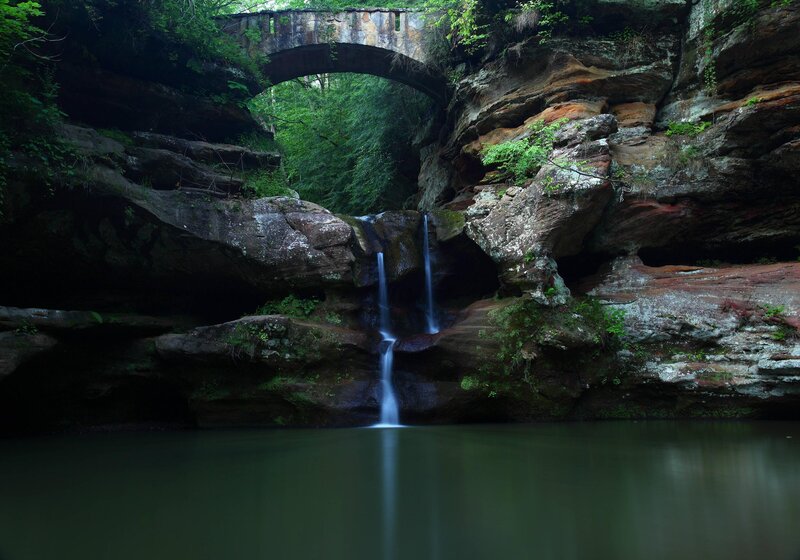 Stone Bridge over Waterfall — Green, Serene