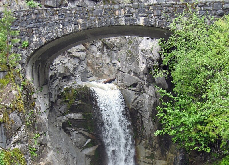 Stone Bridge over Waterfall — Green