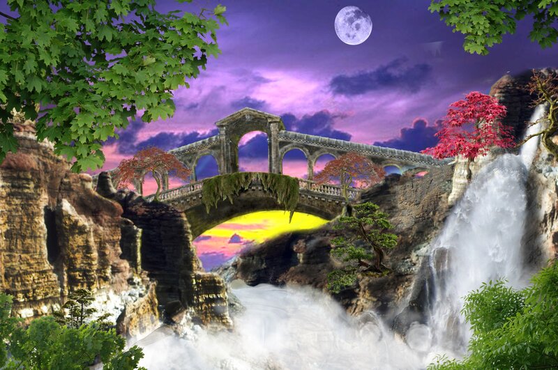 Stone Bridge over Waterfall — Purple