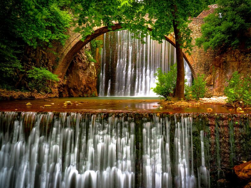 Stone Bridge Waterfall — Green, Serene