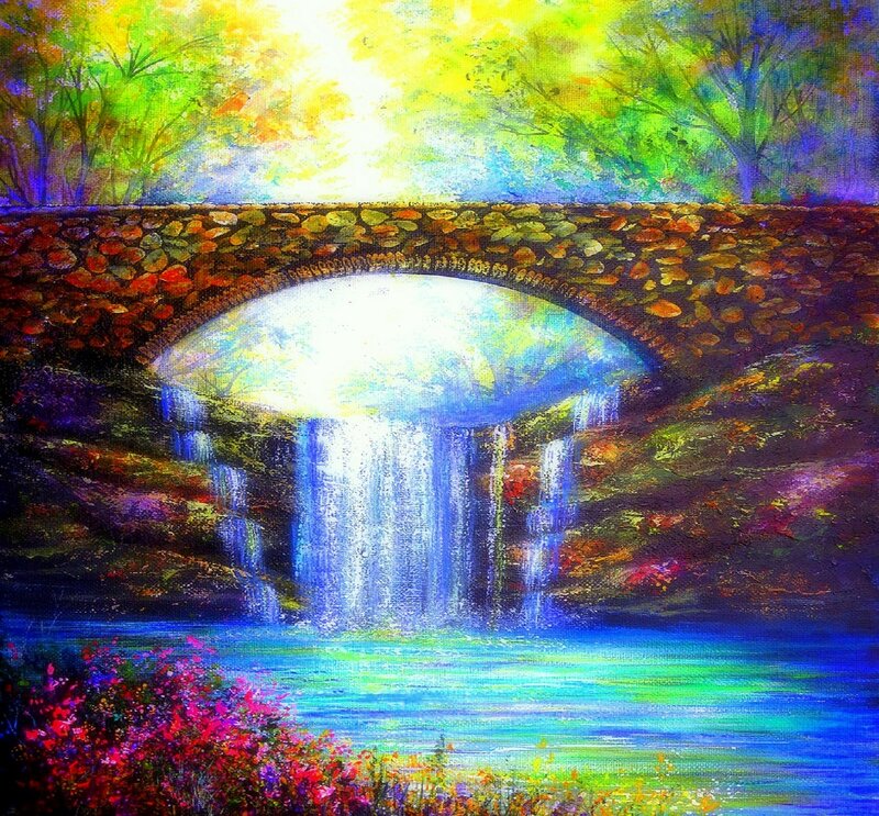 Stone Bridge with Waterfall — Blue, Serene