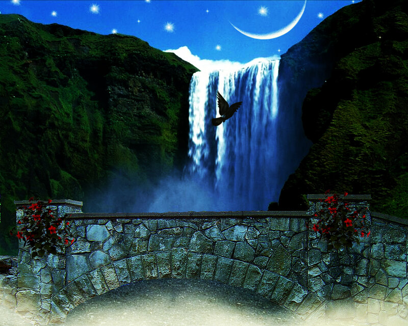 Stone Bridge with Waterfall — Blue