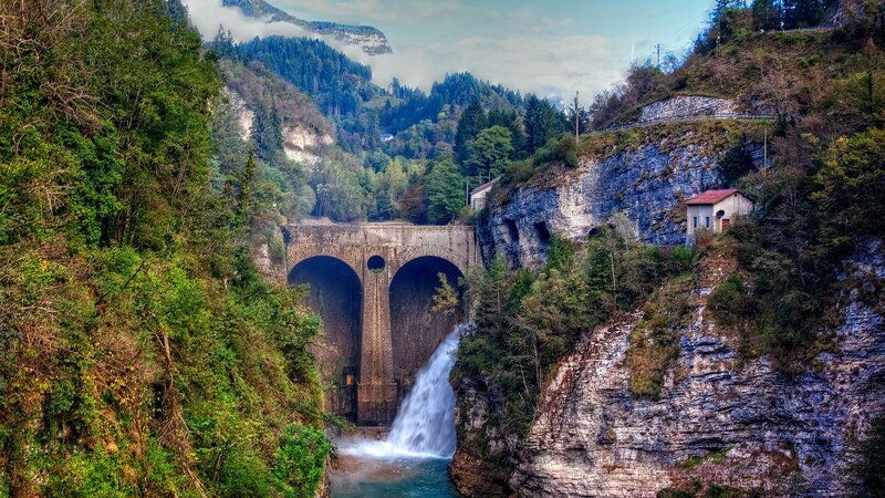 Stone Bridge with Waterfall — Green, Dramatic, Afternoon, Photograph