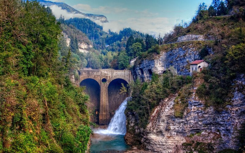 Stone Bridge with Waterfall — Green, Dramatic, Afternoon