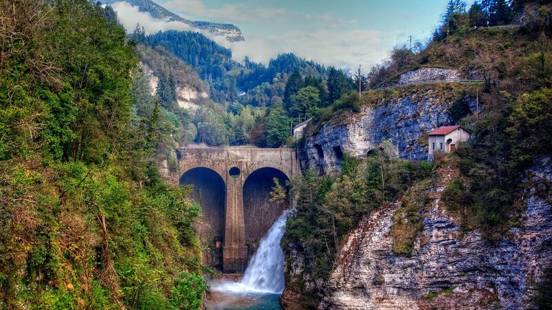 Stone Bridge with Waterfall — Green, Dramatic
