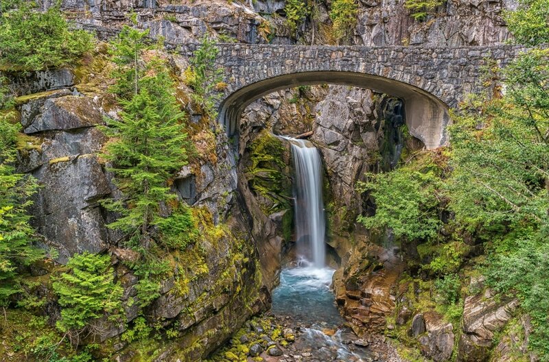 Stone Bridge with Waterfall — Green, Serene, Afternoon