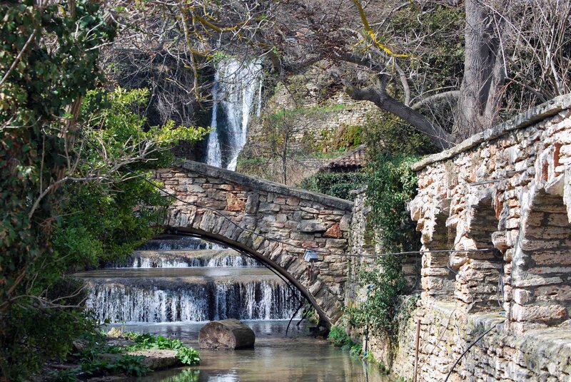 Stone Bridge with Waterfall — Green, Serene