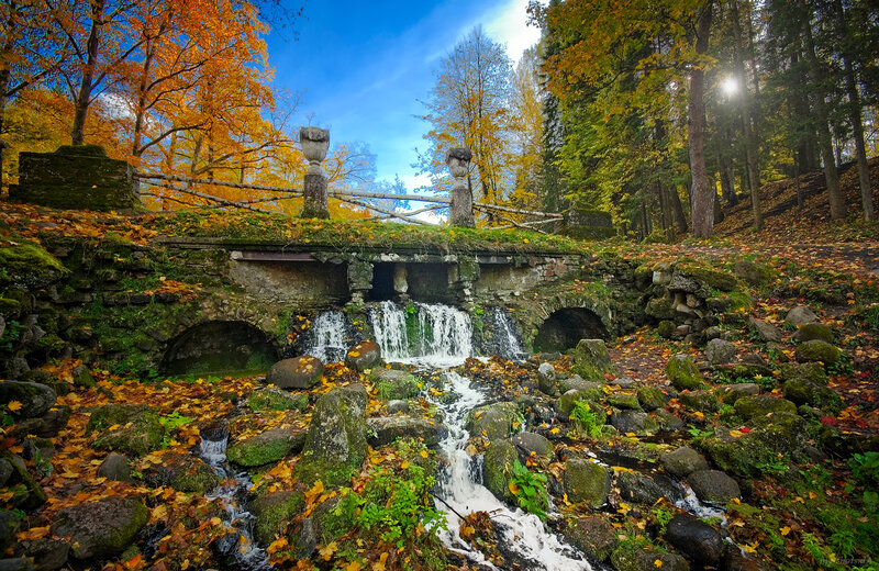 Stone Bridge with Waterfall — Orange, Serene