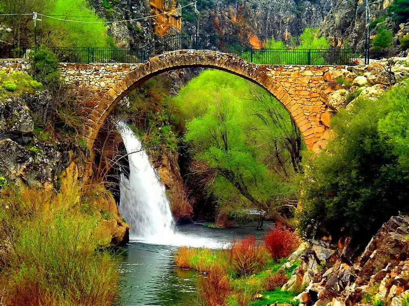 Stone Bridge with Waterfall