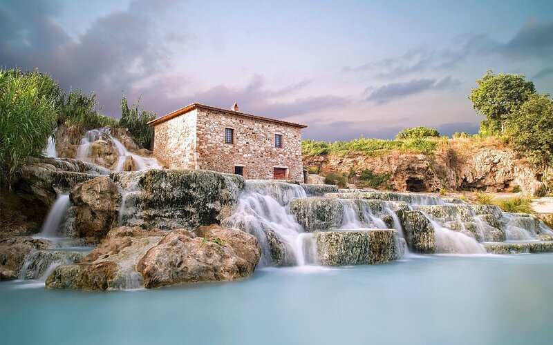 Stone Building with Waterfall — Blue
